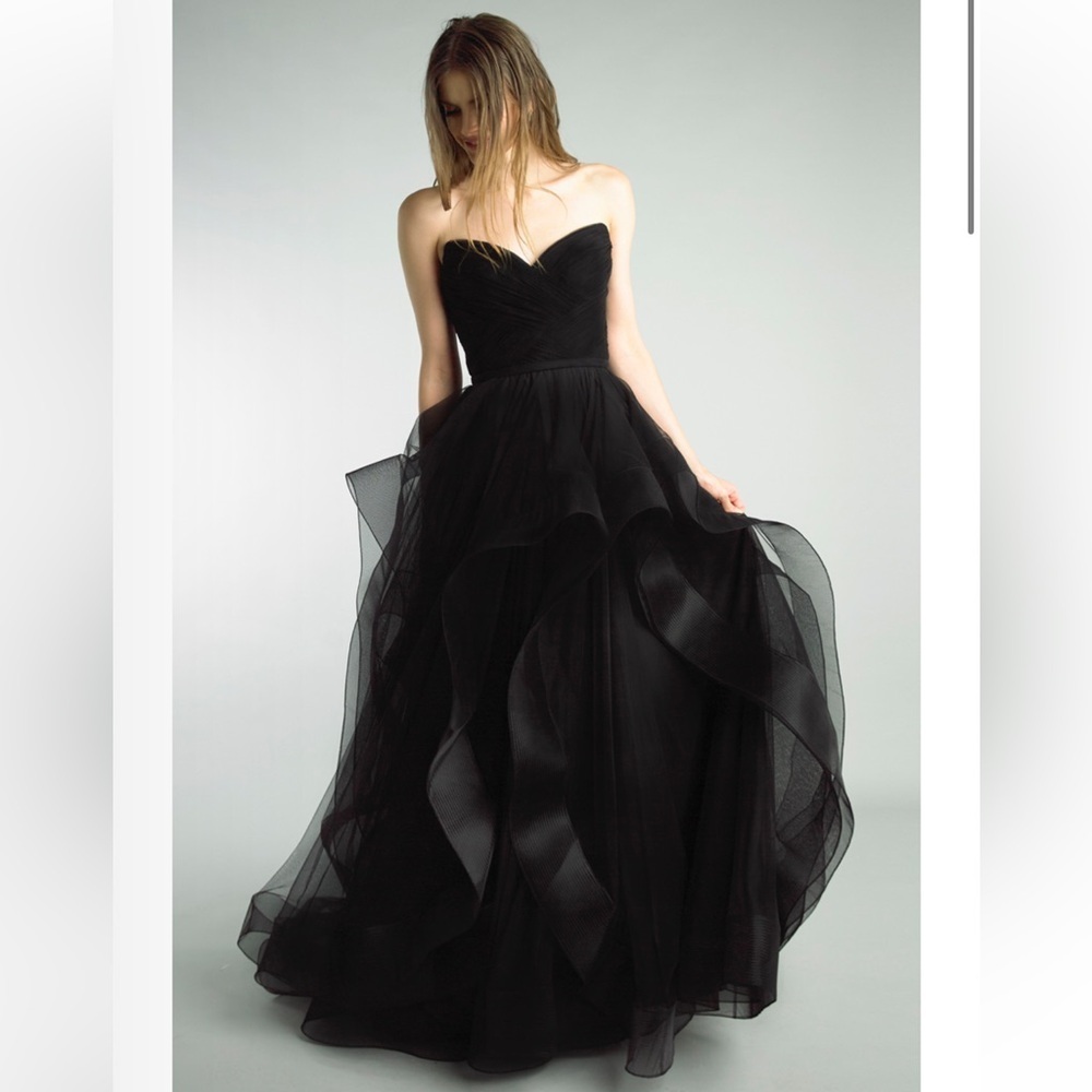 Basix Black Label Cascading Strapless Black Sweetheart Prom Dress Gown sz 4